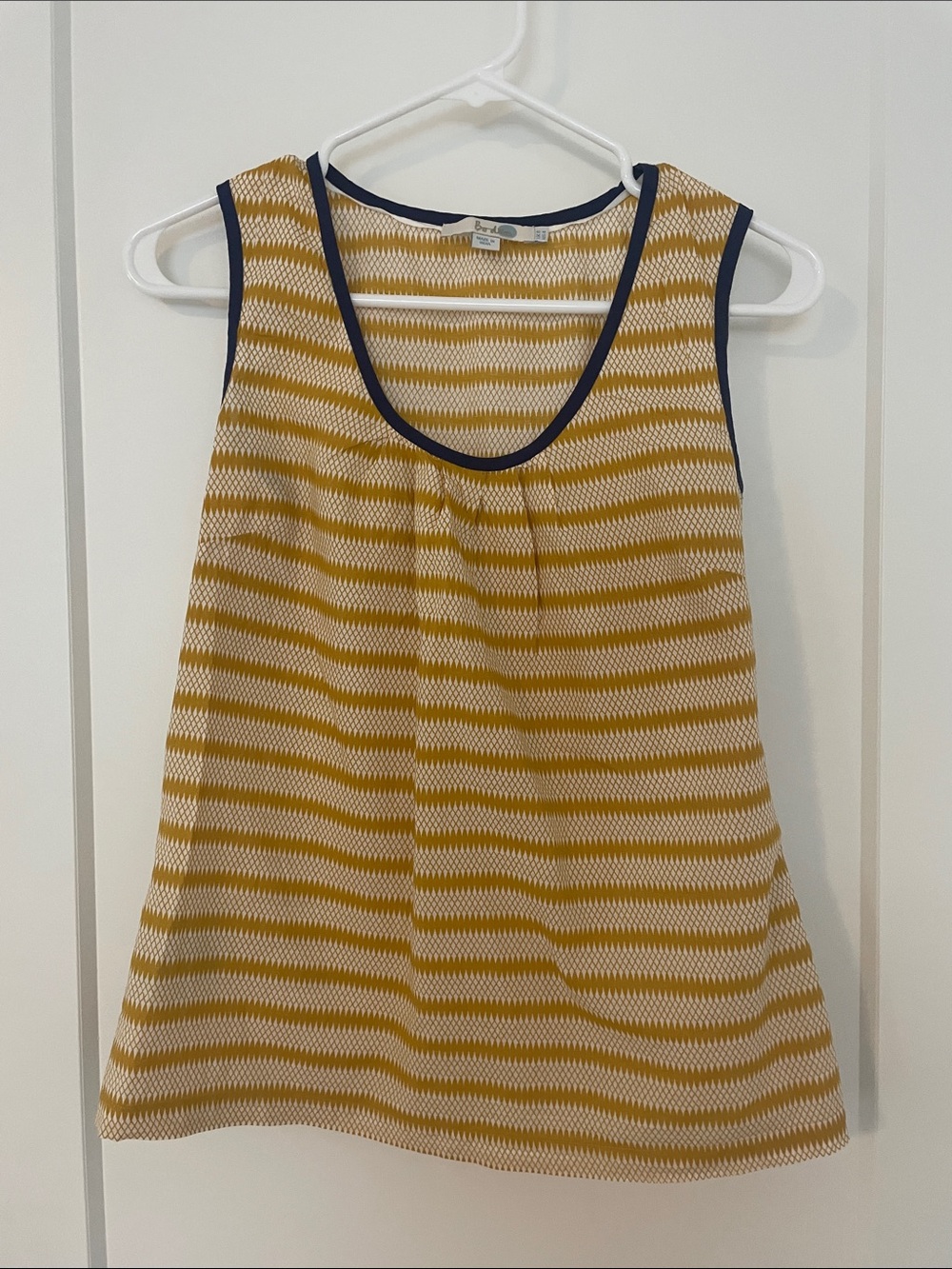 Boden Yellow White Striped Sleeveless Tank Top with Navy Trim